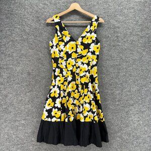 Nine West Dress Women 10 Black Floral Sheath Midi Zipper V-Neck Sleeveless